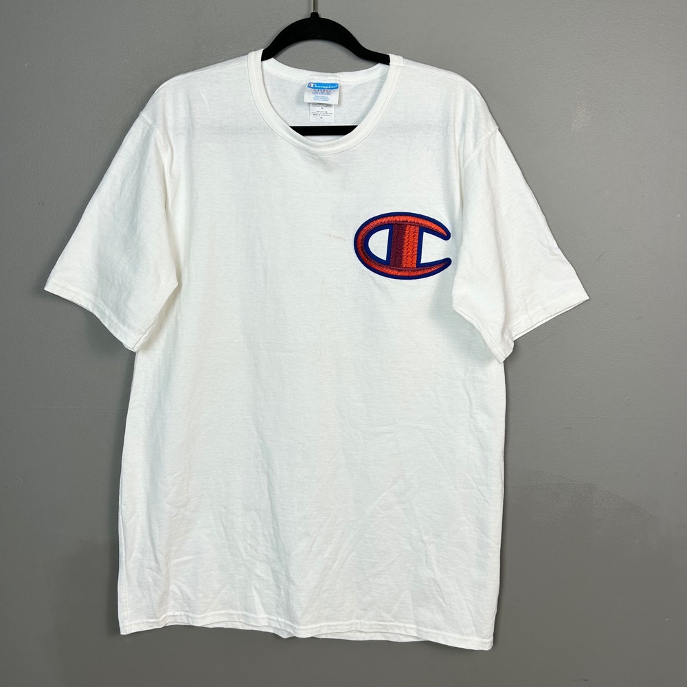 VTG Champion T-Shirt Mens XL White Big Logo Chenille Patch WHC Honduras